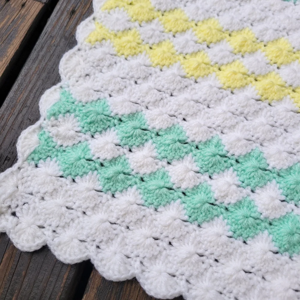 Handmade Crochet Baby Blanket - White, Yellow, and Green